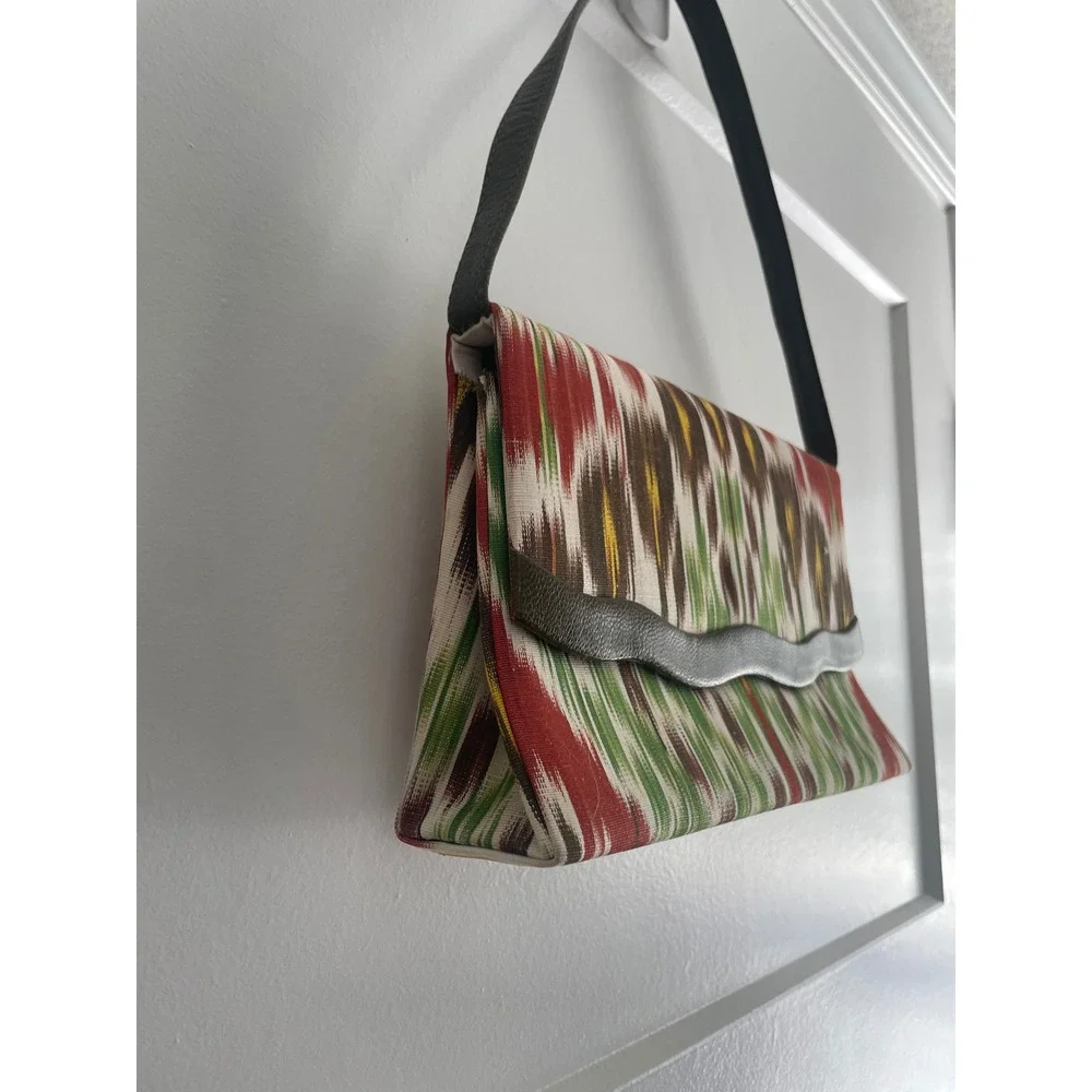 Vintage Ikat Woven Shoulder Bag Multi Color Pattern with Olive Leather Trim